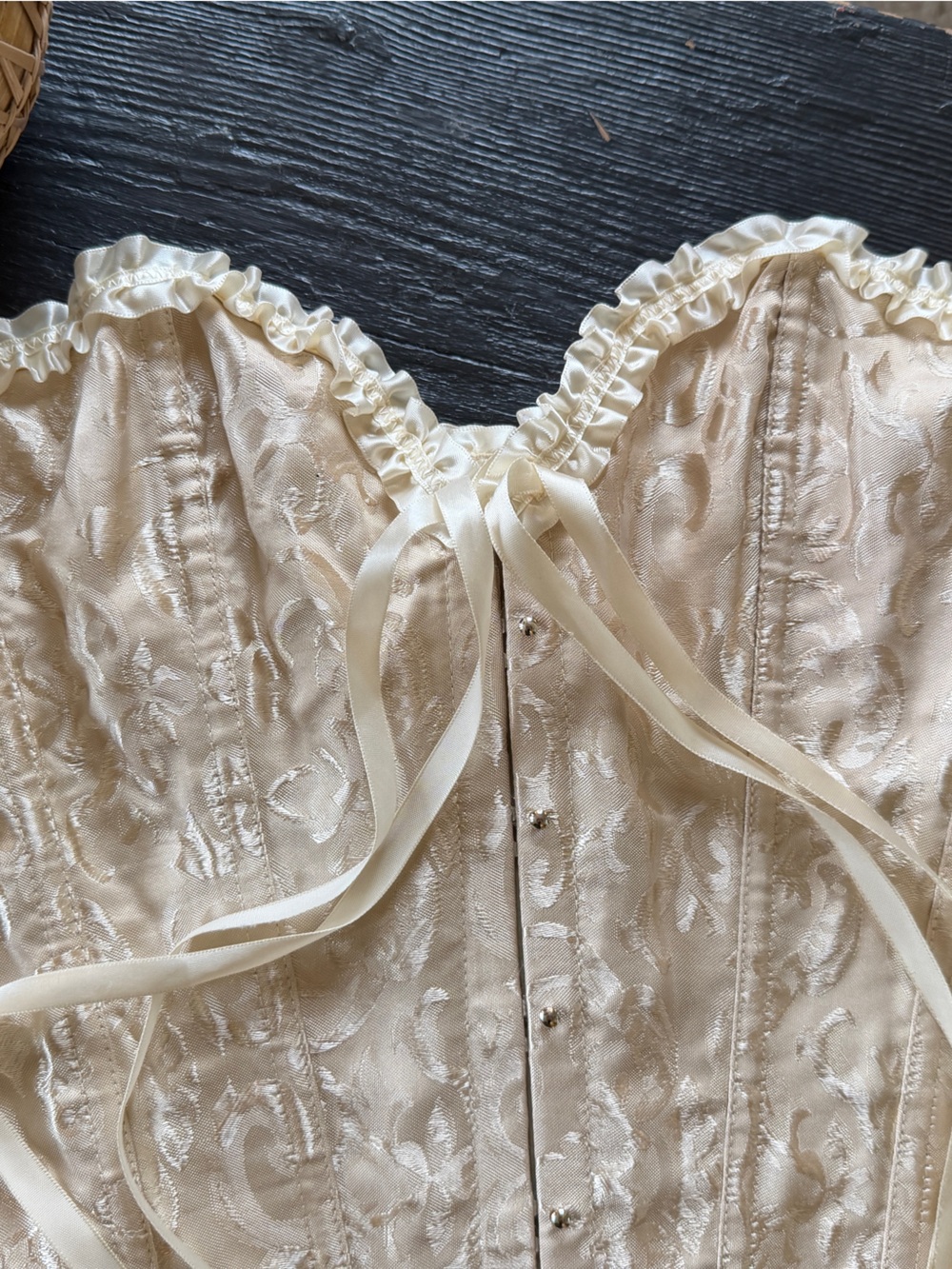 Ivory Lace-Up Brocade Corset Bustier Satin Top L NWOT - Picture 2 of 16